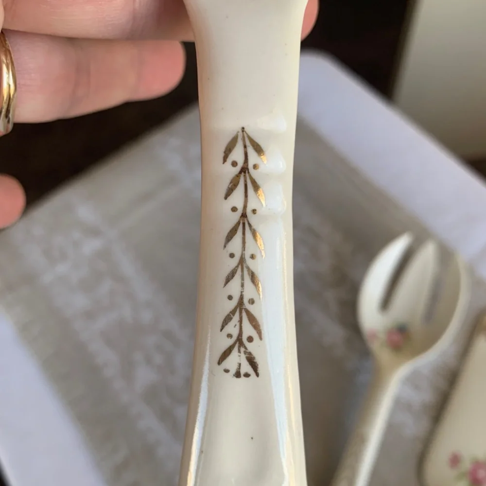 Ceramic Floral Serving Utensil Set- Shabby Chic Vintage Spoon, Fork, Pie Server